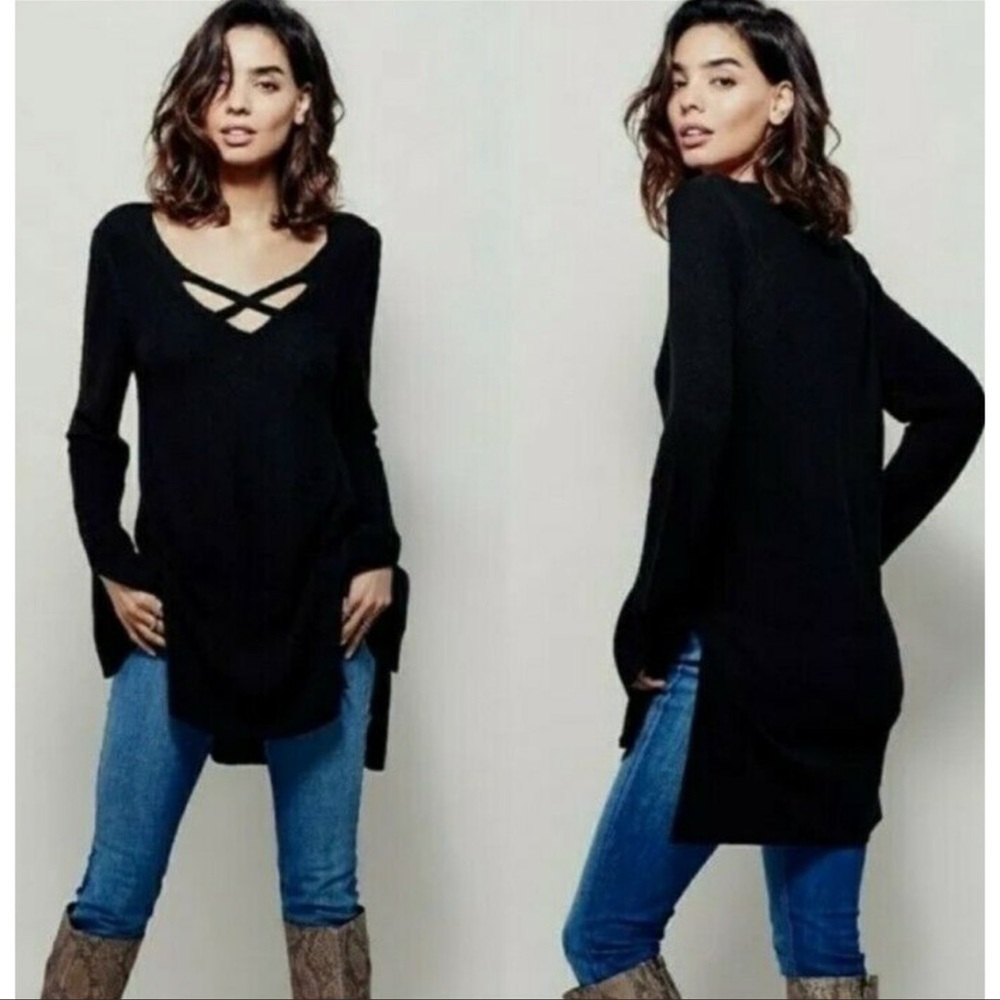 Free People Black Criss Cross Side Slit Tunic Hi-Low Sweater
